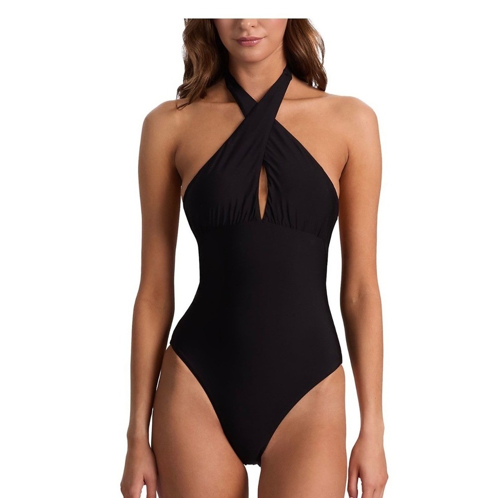 Black Halter One-Piece Swimsuit with Twist Front